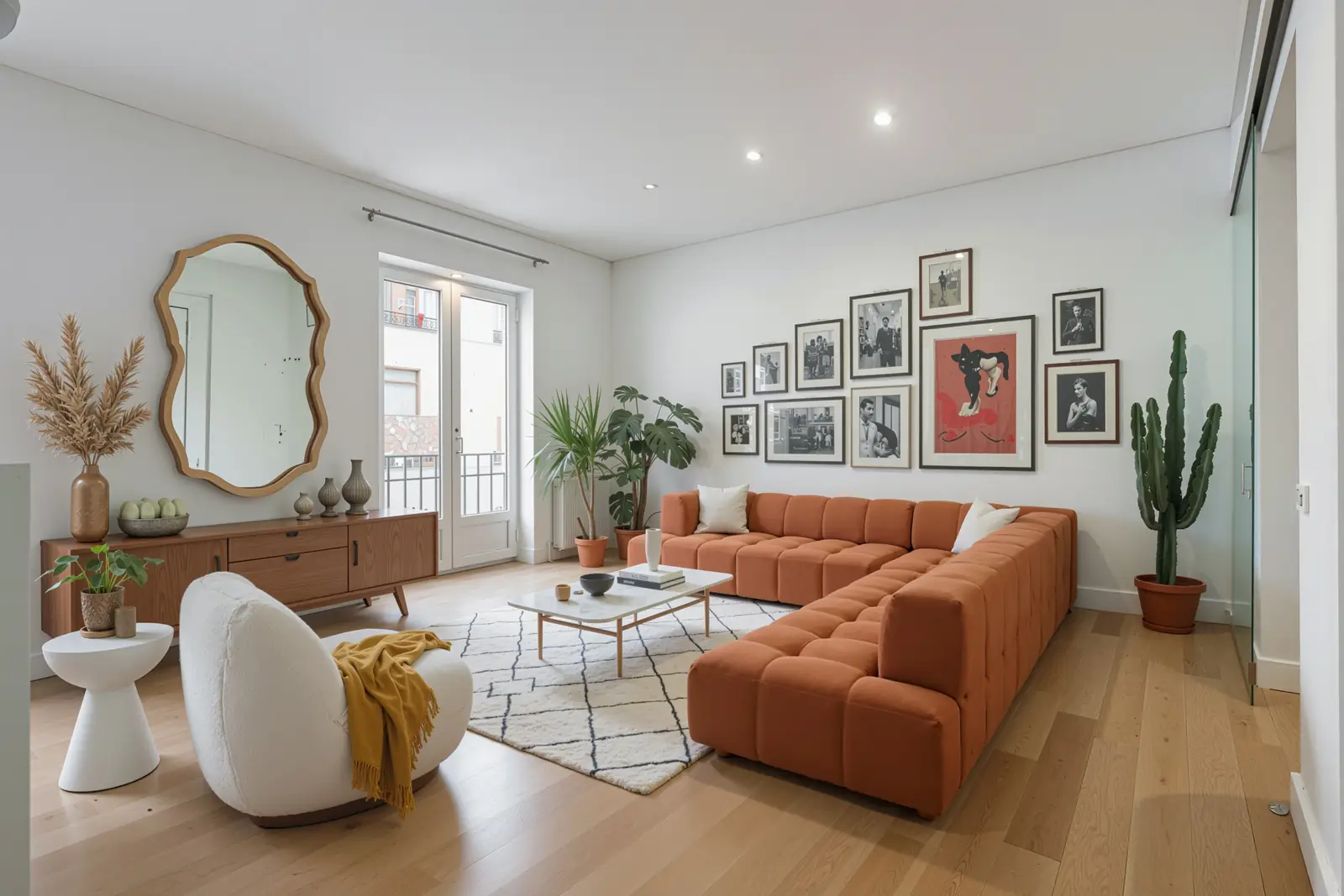 Salón amplio amueblado con home staging virtual: sofá modular terracota y zona de estar